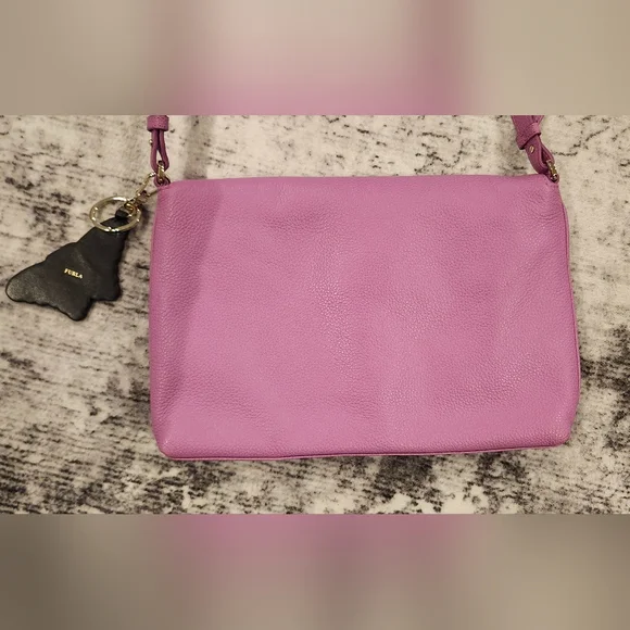 NWOT Furla $448 Pebbled Leather Crossbody Bag Pink Butterfly Bag Charm - Picture 5 of 7